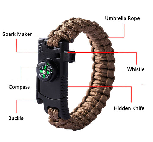 5 in 1 Multi Bracelet Whistle Spark Maker Compass Rope Knife Bracelet