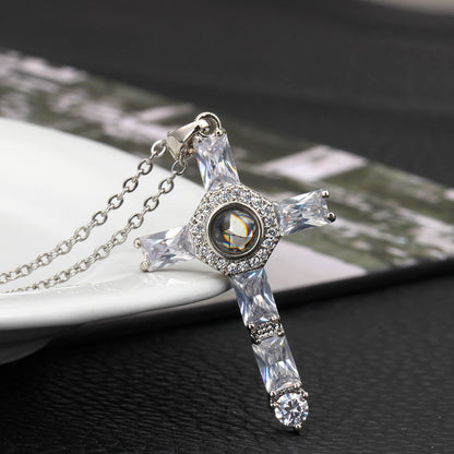 Fashion Cross Father Pray Projection Crystal Necklace