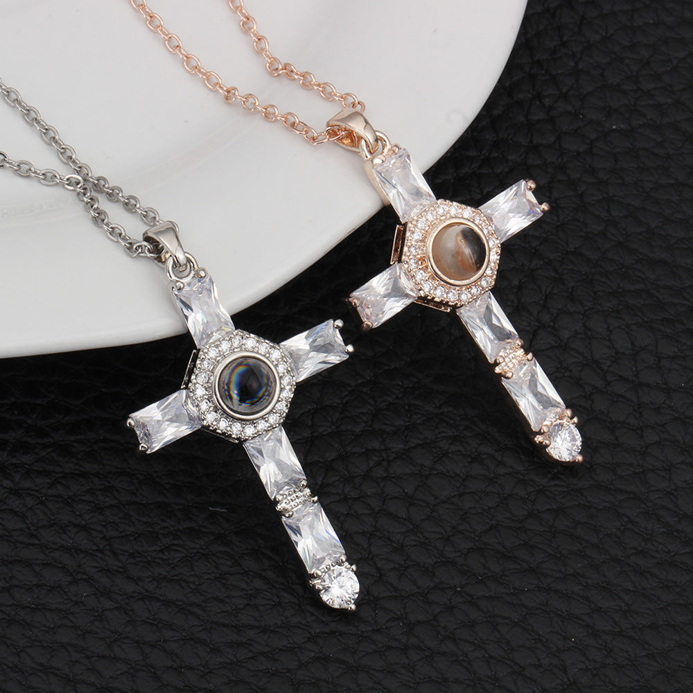 Fashion Cross Father Pray Projection Crystal Necklace