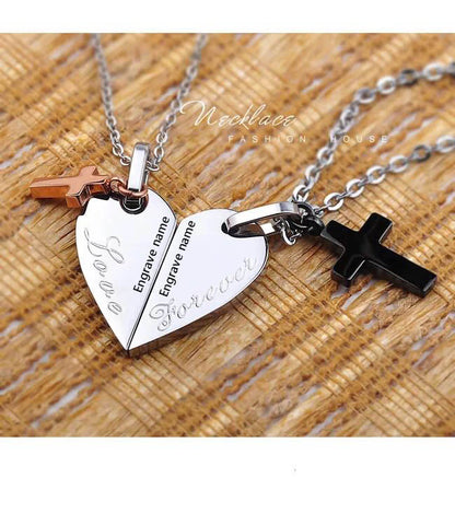 Jesus Cross Heart Pendant Necklace Engrave Names For BFF Couples