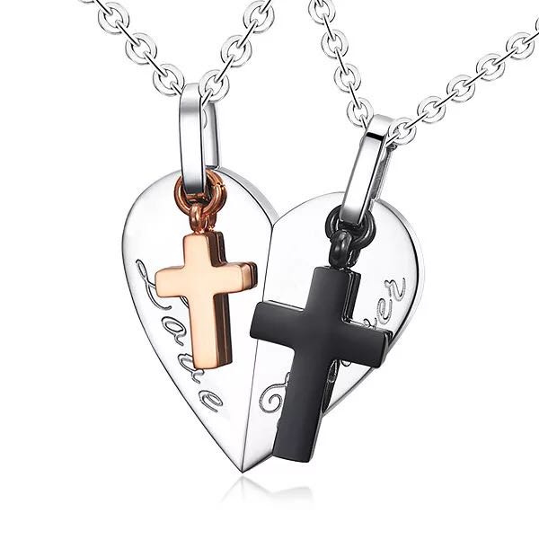 Jesus Cross Heart Pendant Necklace Engrave Names For BFF Couples