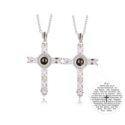 Fashion Cross Father Pray Projection Crystal Necklace