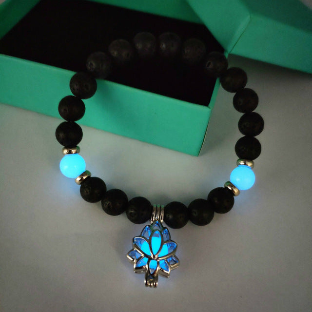 8mm Natural Stone Beads Luminous Lotus Pendant Bracelet