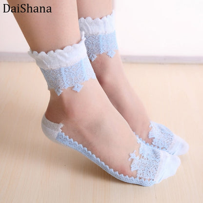 3pair Lace Embroidery Silk Transparent Glass Crytal Stretch Women Socks