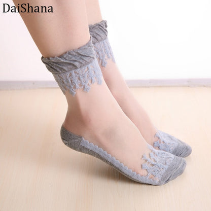 3pair Lace Embroidery Silk Transparent Glass Crytal Stretch Women Socks