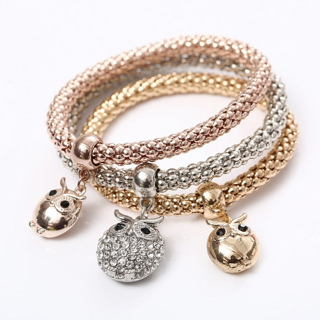 3 Pcs/Set Crystal Owl Heart Charm Bracelets