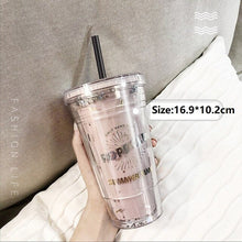 Load image into Gallery viewer, Double Layer Plastic Straw Cup Portable Milk Coffee Mug Girl Summer Beverage Water Bottle Cold Drink Juice Cup Kitchen Drinkware
