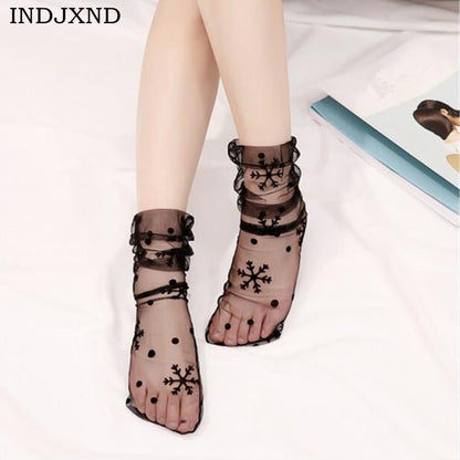 Black Fishnet Lace Flower Mesh Ankle Socks