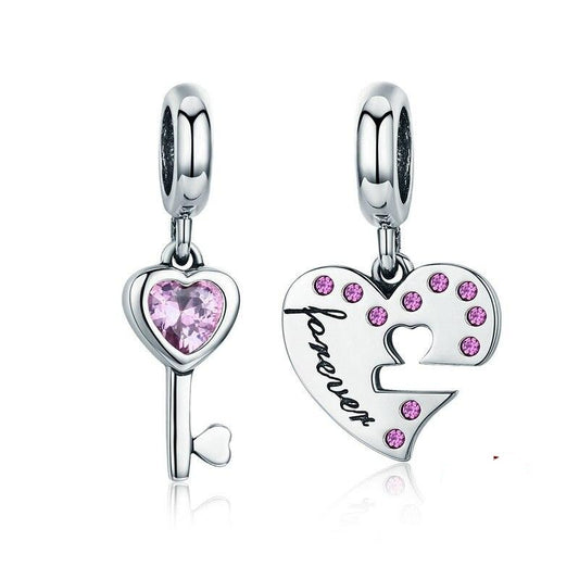 Lock Key Heart Charms Pink Zircon Bead Fit Original Silver Bracelet Pendant