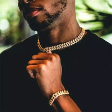 Load image into Gallery viewer, Iced Out Paved Rhinestones 1Set Gold Color Full Miami Cuban Chain

