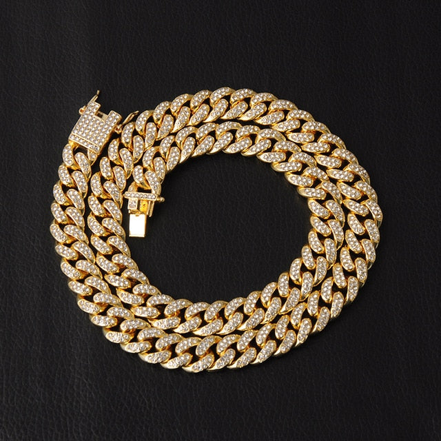 Iced Out Paved Rhinestones 1Set Gold Color Full Miami Cuban Chain