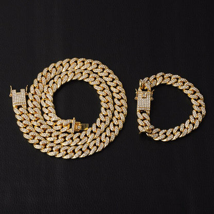 Iced Out Paved Rhinestones 1Set Gold Color Full Miami Cuban Chain