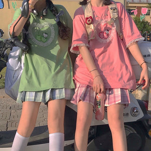 Summer Street Cherry Print Lace T-shirt Harajuku Japan Style Sweet Cute Girls