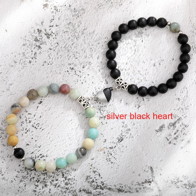 2pcs/set Natural Stone Magnetic Heart  Bead Bracelet For Friendship Couples