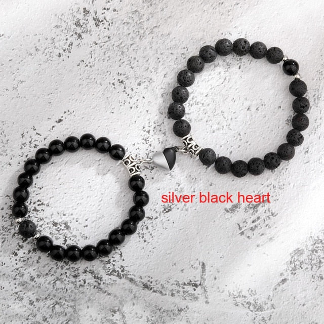 2pcs/set Natural Stone Magnetic Heart  Bead Bracelet For Friendship Couples