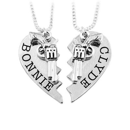 Bonnie Clyde Gun Necklace Heart Matching Movie Jewlery For Couples Best Friend Necklaces