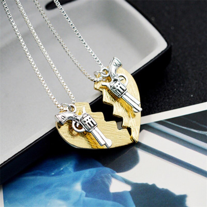 Bonnie Clyde Gun Necklace Heart Matching Movie Jewlery For Couples Best Friend Necklaces