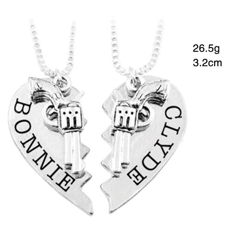 Bonnie Clyde Gun Necklace Heart Matching Movie Jewlery For Couples Best Friend Necklaces