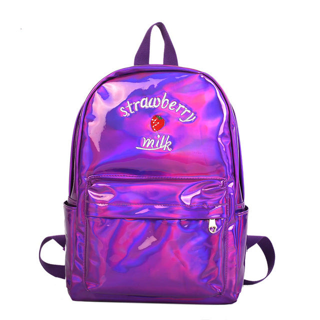 Strawberry Milk Embroidery PU School Bag